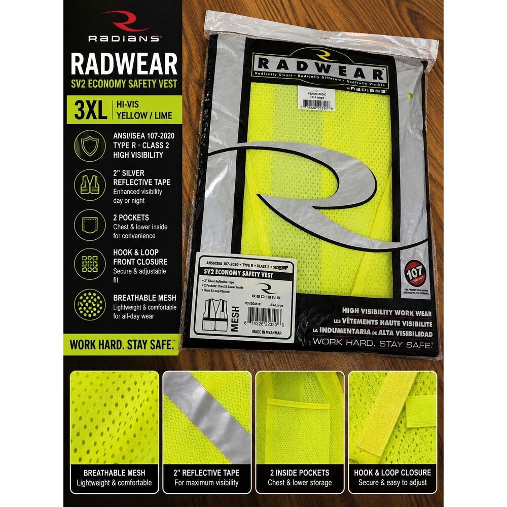 Radians Radwear SV2 Safety Vest 3XL Hi Vis Yellow Lime ANSI Class 2 Sealed